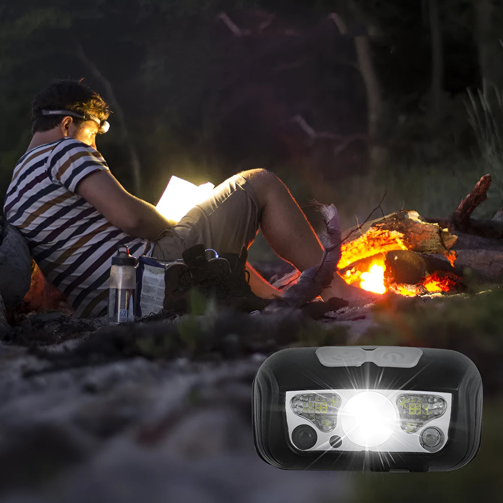 Black or blue sensor head torch with USB charging port and LED lights.