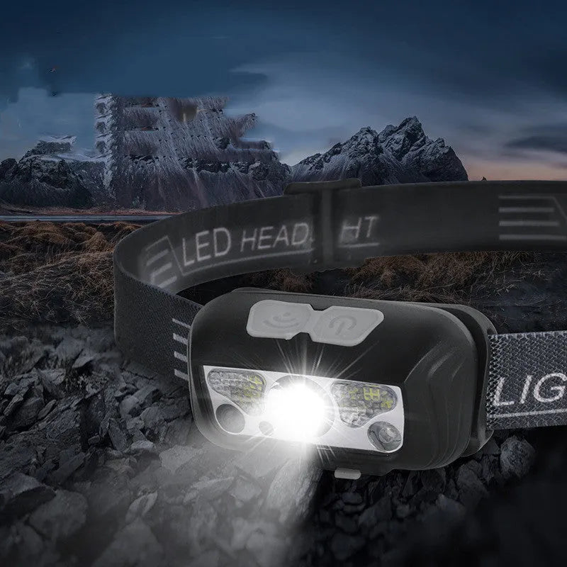 Black or blue sensor head torch with USB charging port and LED lights.