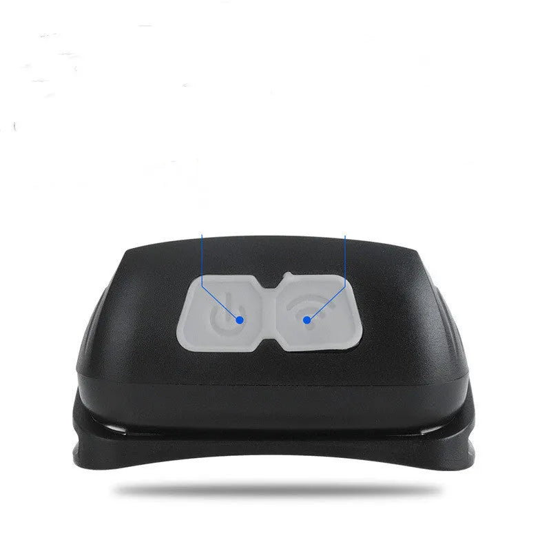 Black or blue sensor head torch with USB charging port and LED lights.