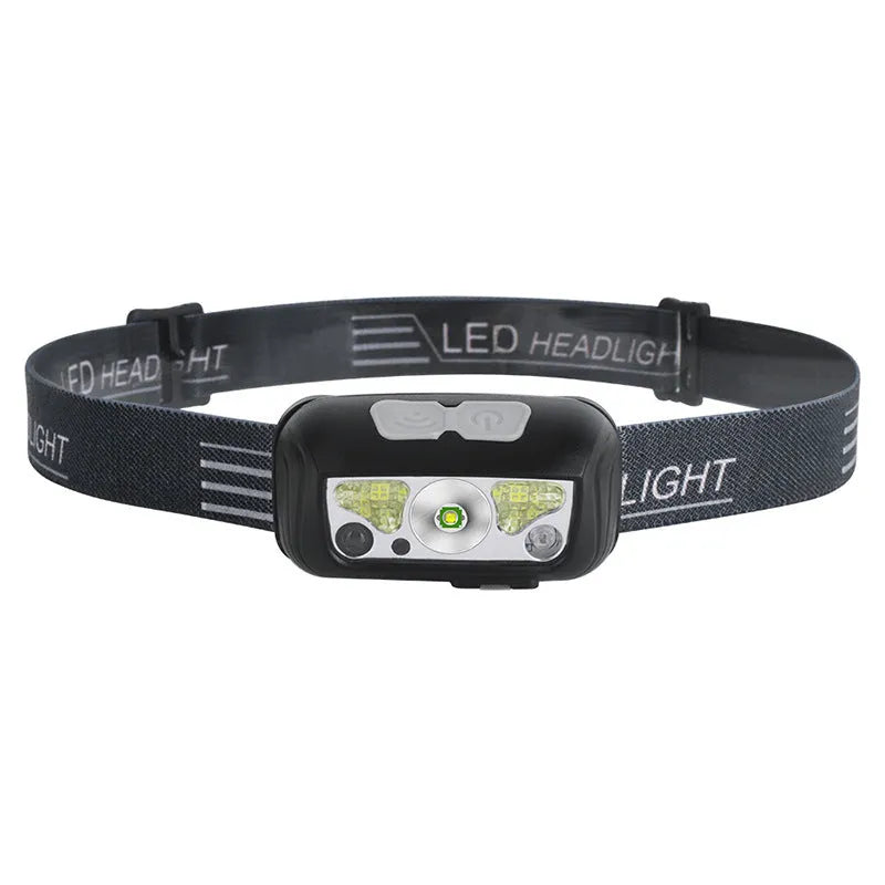 Black or blue sensor head torch with USB charging port and LED lights.