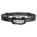 Black or blue sensor head torch with USB charging port and LED lights.