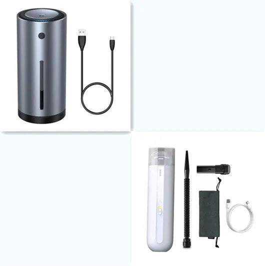 Wireless handheld car vacuum cleaner in black, white, or green with blowing hose attachment.