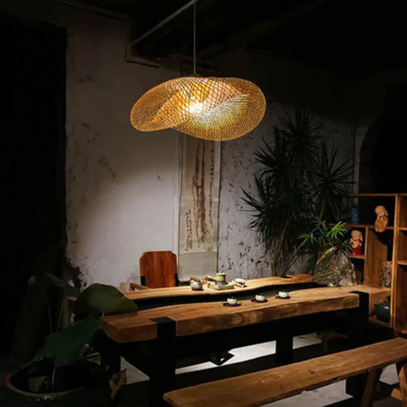 40cm diameter bamboo Chinese chandelier with A-shell design for Zen tea room lighting