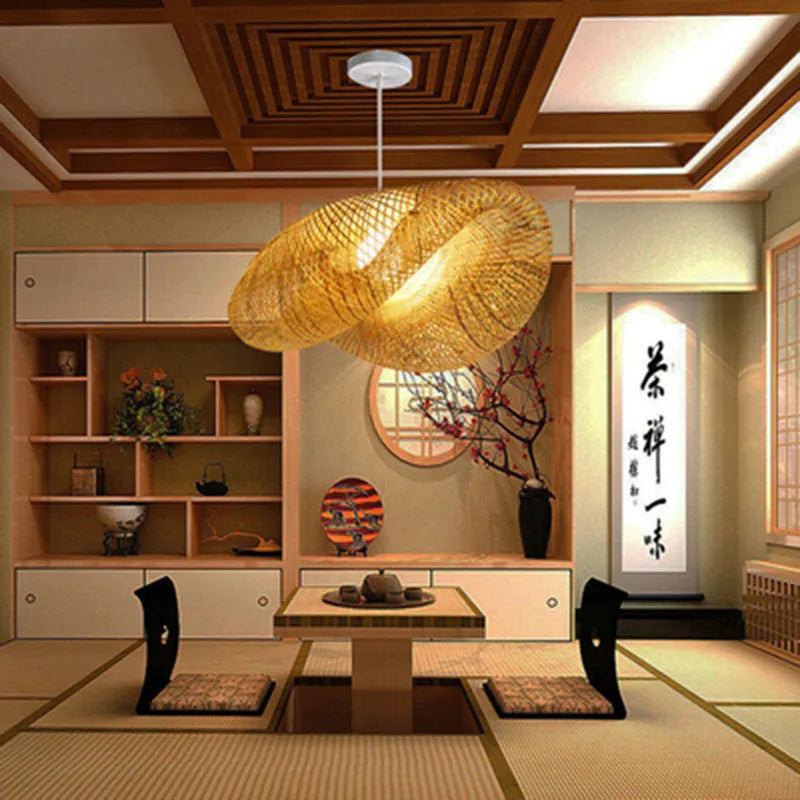 40cm diameter bamboo Chinese chandelier with A-shell design for Zen tea room lighting