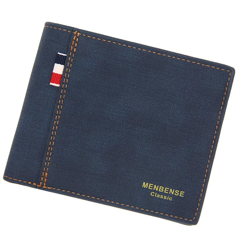 Men's retro tri-fold wallet shown open showing multiple card slots and cash compartment