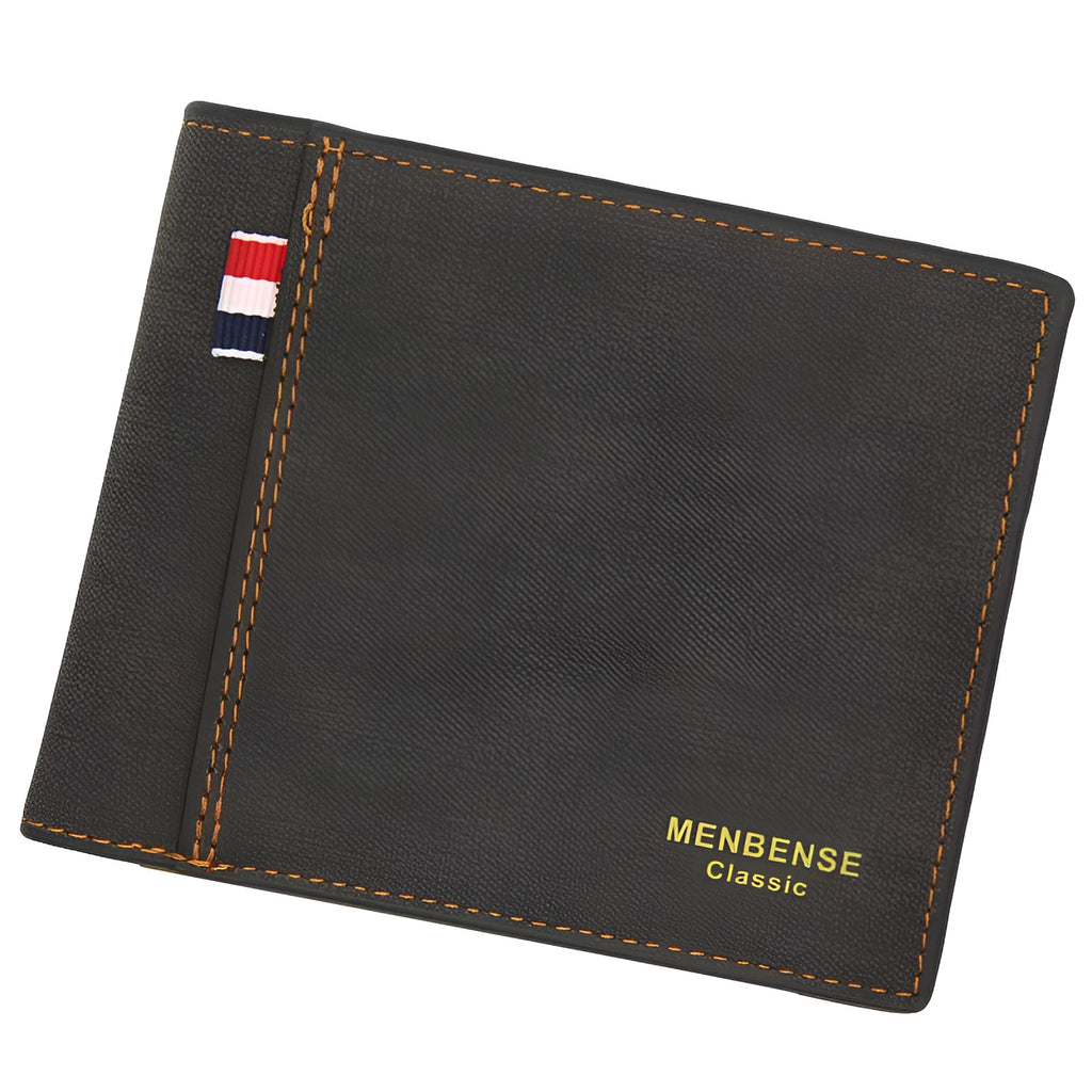 Men's retro tri-fold wallet shown open showing multiple card slots and cash compartment