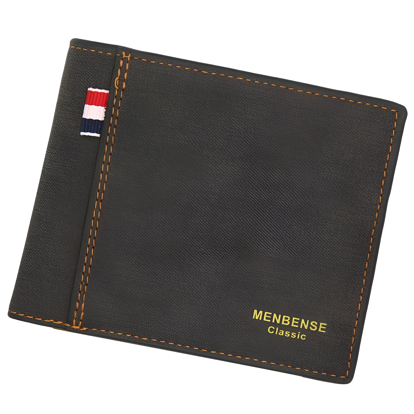 Men's retro tri-fold wallet shown open showing multiple card slots and cash compartment