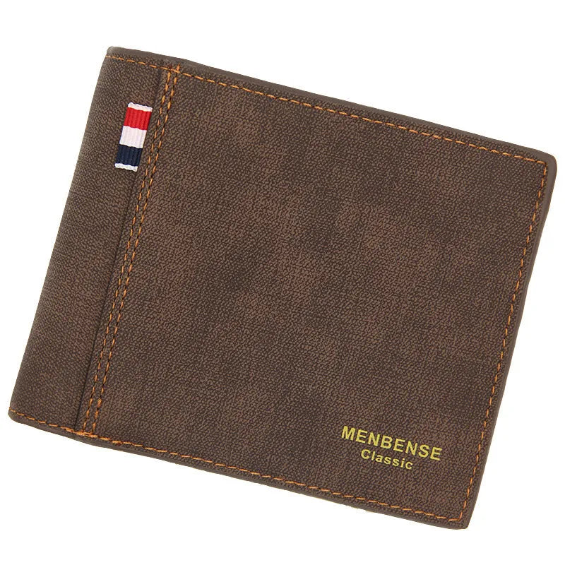 Men's retro tri-fold wallet shown open showing multiple card slots and cash compartment