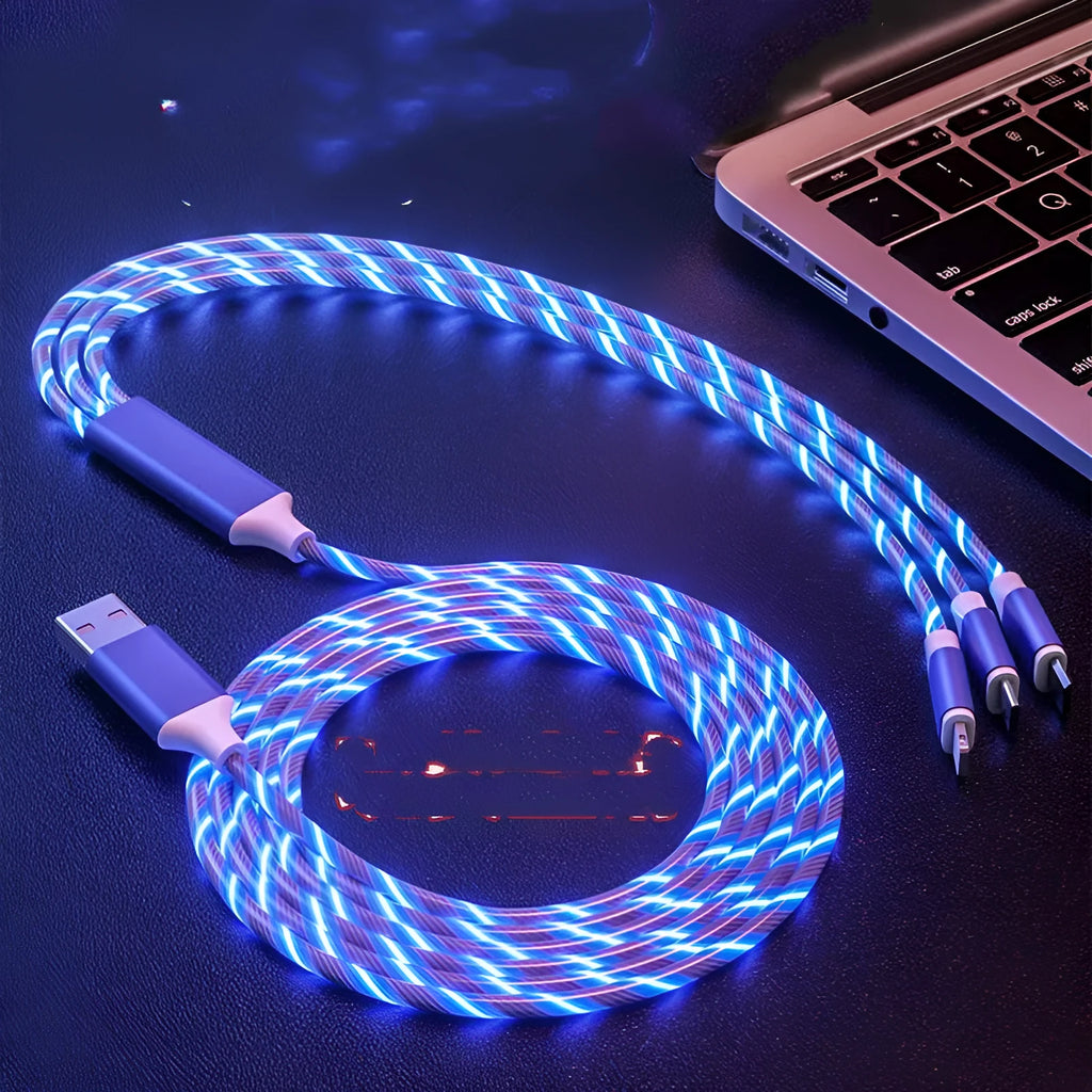 One For Three USB data cable with blue streamers splitting into three connectors.