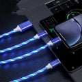 One For Three USB data cable with blue streamers splitting into three connectors.