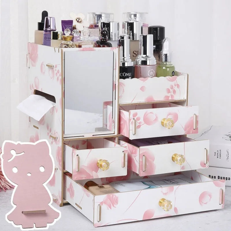 Wooden cosmetic storage box with drawers and compartments for makeup organisation