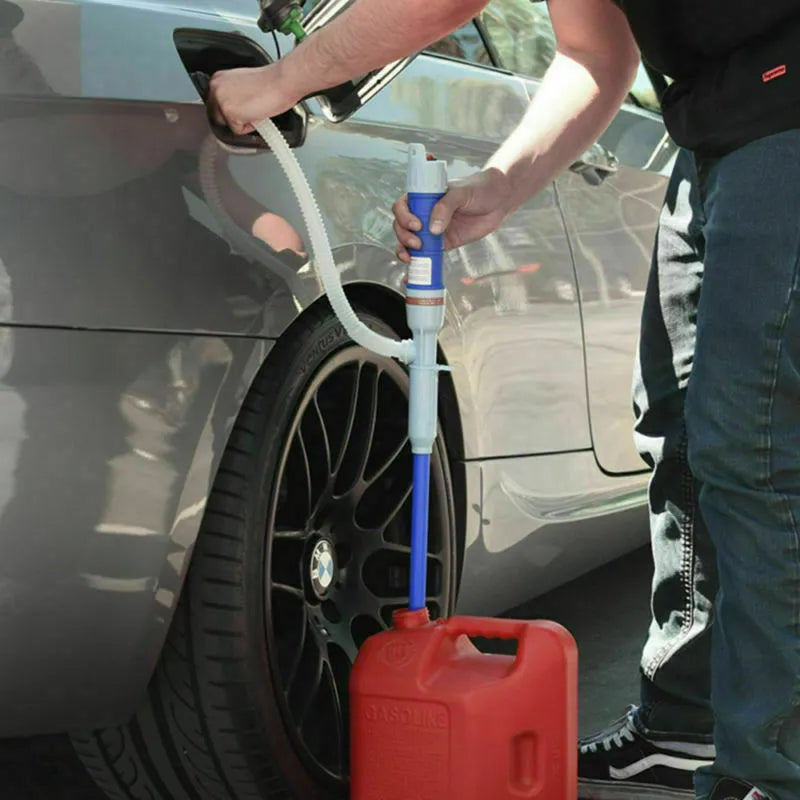 Blue manual hand siphon pump for transferring fuel and oil to small engines.