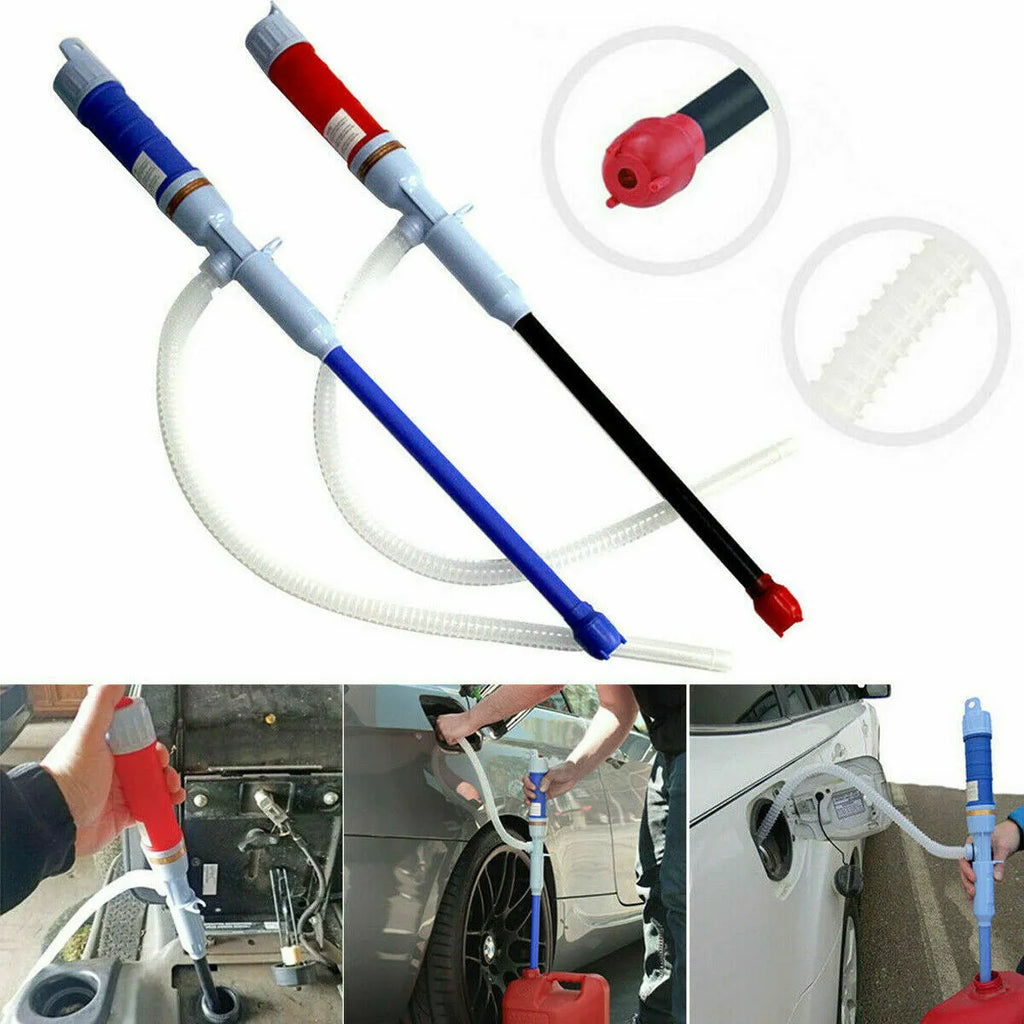 Blue manual hand siphon pump for transferring fuel and oil to small engines.