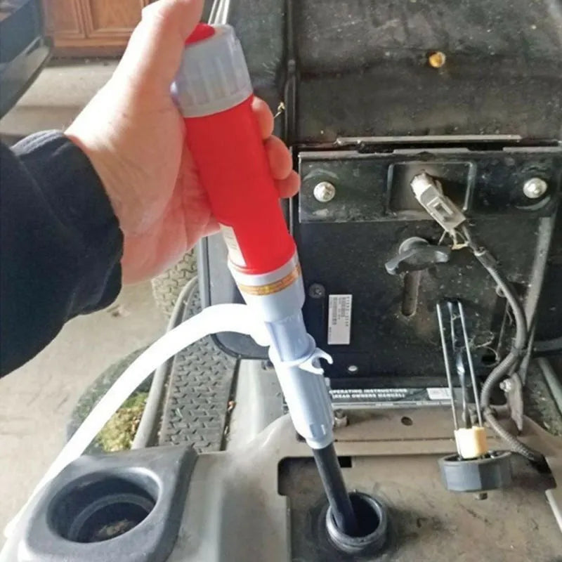 Blue manual hand siphon pump for transferring fuel and oil to small engines.