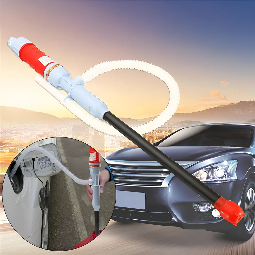 Blue manual hand siphon pump for transferring fuel and oil to small engines.