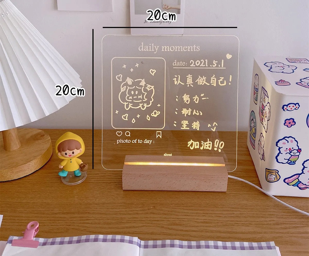 LED bedside night light with an optional erasable message board on a nightstand.