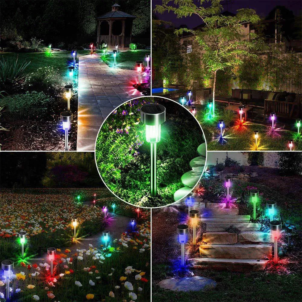Stainless steel pastoral-style garden LED light placed outdoors on grass.