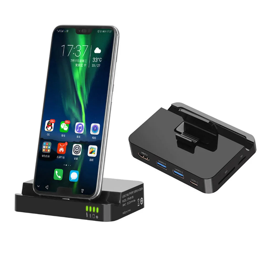 Black mobile phone dock converter with USB Type-C to HDMI connection for HD video output