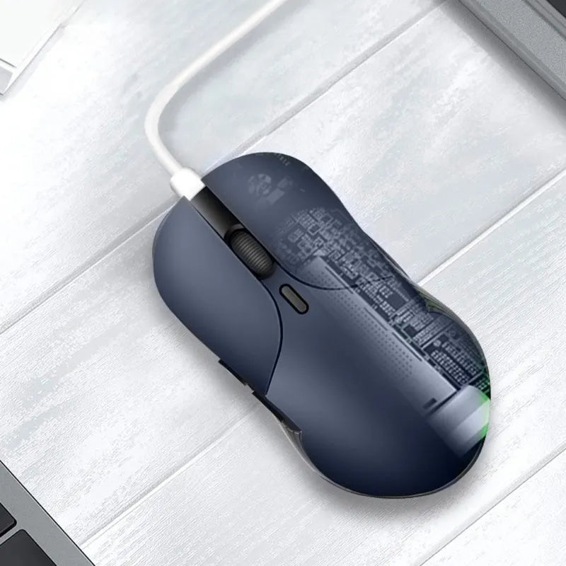 Blue smart voice translation wireless mouse with USB receiver on a desk