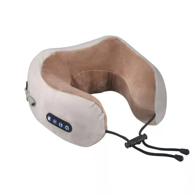 Brown U shaped electric neck massage pillow with USB charging port and control buttons