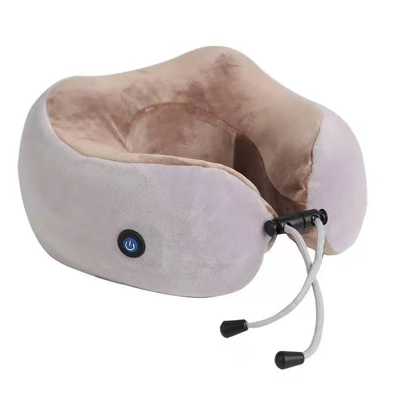 Brown U shaped electric neck massage pillow with USB charging port and control buttons