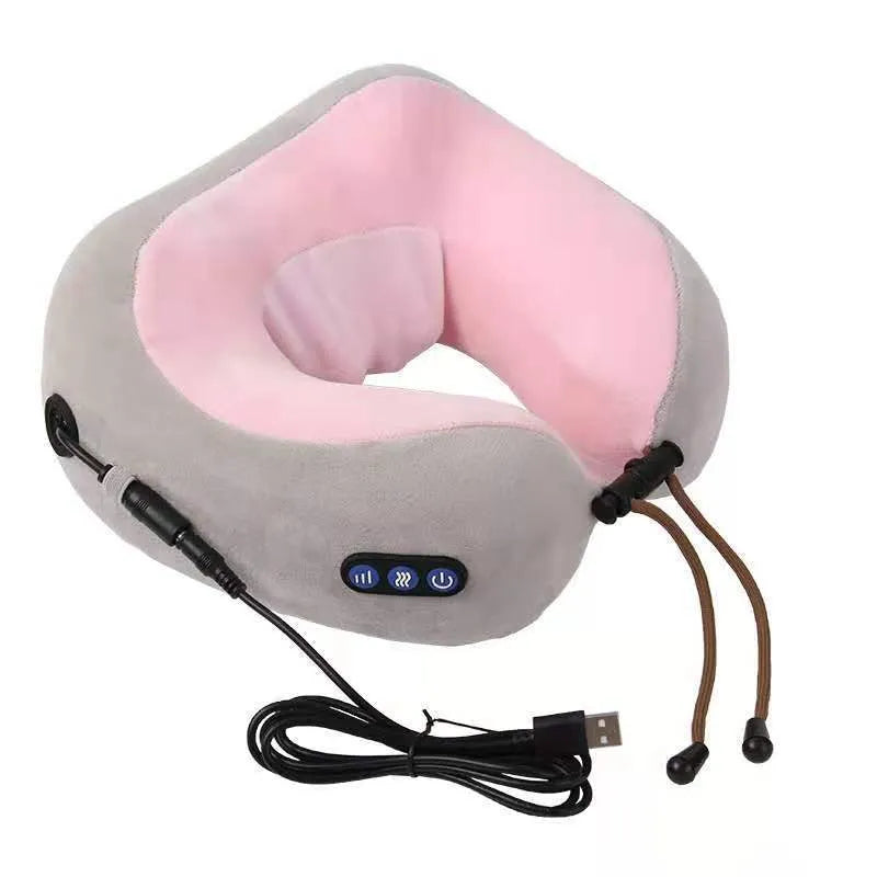 Brown U shaped electric neck massage pillow with USB charging port and control buttons