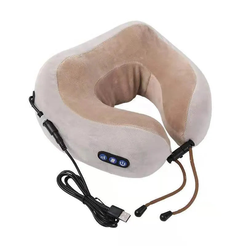 Brown U shaped electric neck massage pillow with USB charging port and control buttons