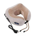 Brown U shaped electric neck massage pillow with USB charging port and control buttons