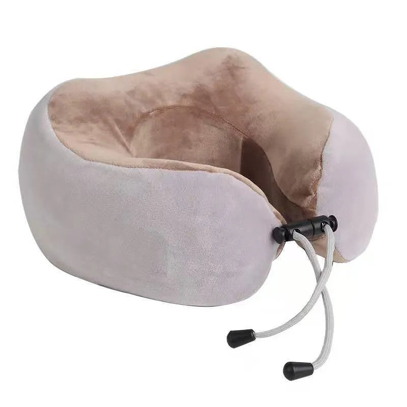 Brown U shaped electric neck massage pillow with USB charging port and control buttons