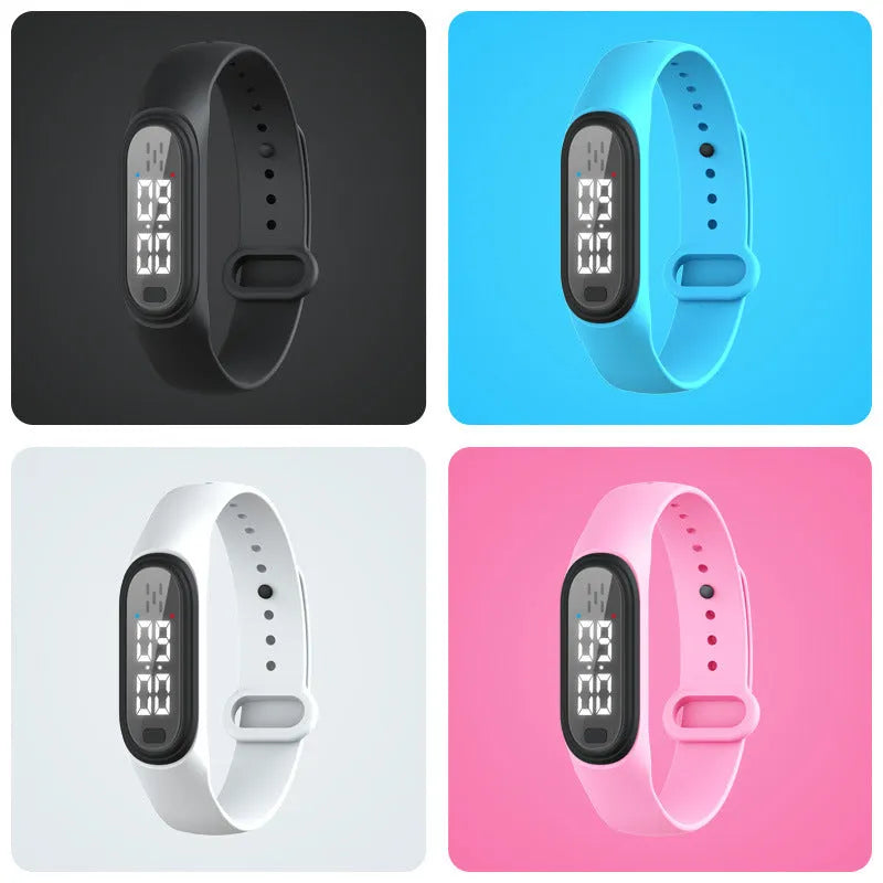 Ultrasonic electronic mosquito repellent bracelet in black, white, blue, and pink colours.