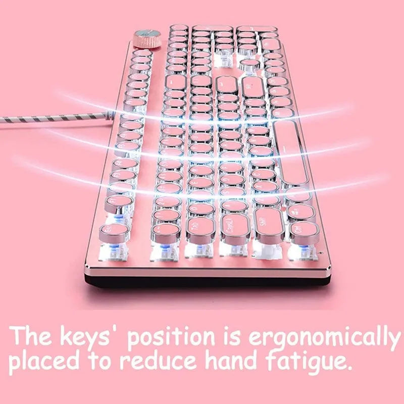 Silver and pink mechanical keyboard with green switches and white backlight alongside wired mouse