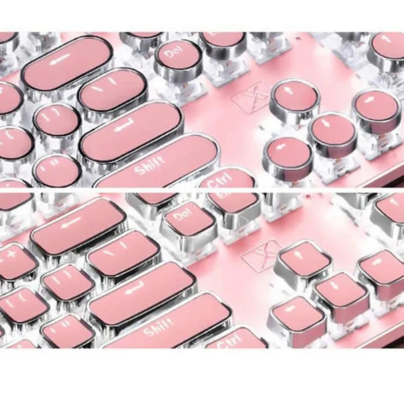 Silver and pink mechanical keyboard with green switches and white backlight alongside wired mouse