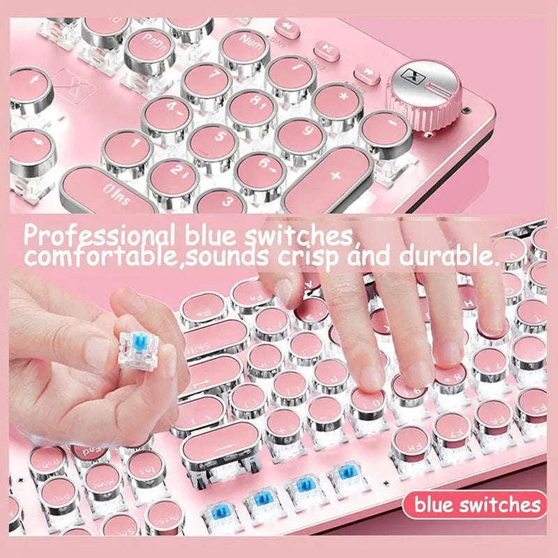 Silver and pink mechanical keyboard with green switches and white backlight alongside wired mouse