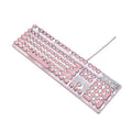Silver and pink mechanical keyboard with green switches and white backlight alongside wired mouse