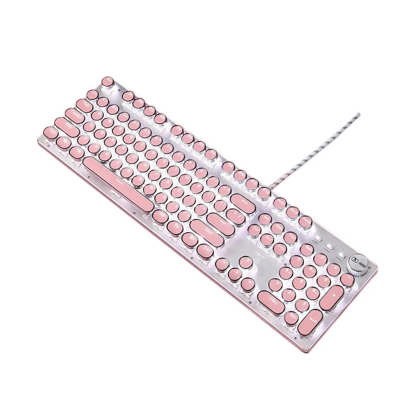 Silver and pink mechanical keyboard with green switches and white backlight alongside wired mouse