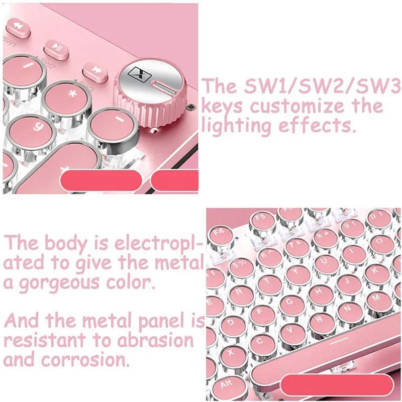 Silver and pink mechanical keyboard with green switches and white backlight alongside wired mouse