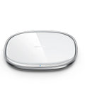 Square black or white 15W wireless phone charger with a glass top and zinc alloy body.