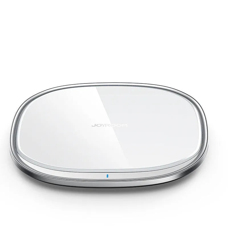 Square black or white 15W wireless phone charger with a glass top and zinc alloy body.