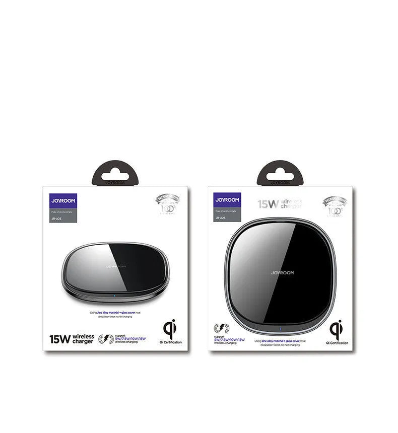 Square black or white 15W wireless phone charger with a glass top and zinc alloy body.