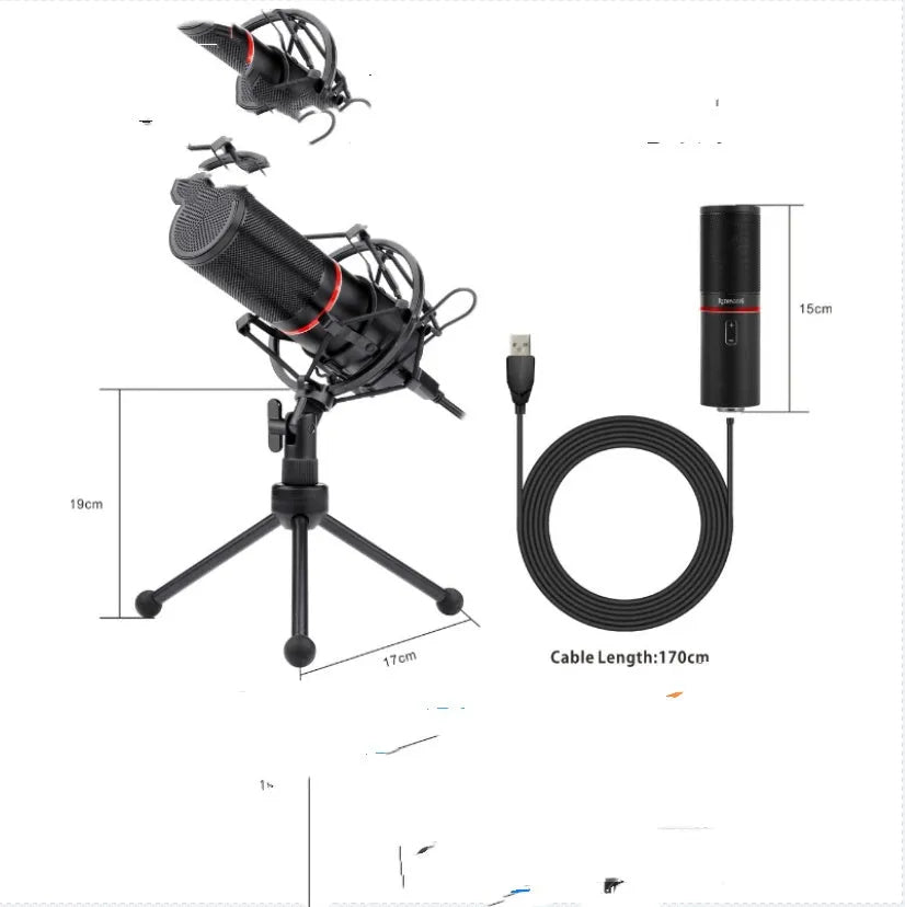 Black USB wired live broadcast microphone for gaming and singing with noise reduction