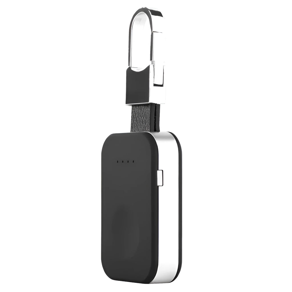 Black Apple Watch portable wireless power bank on a keyring showing compact size