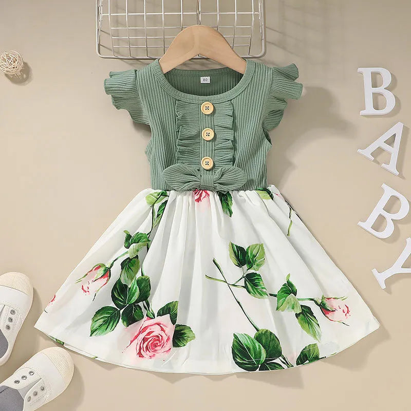 Toddler girl in sleeveless summer dress showing colour options and Asian sizing from 80cm to 120cm