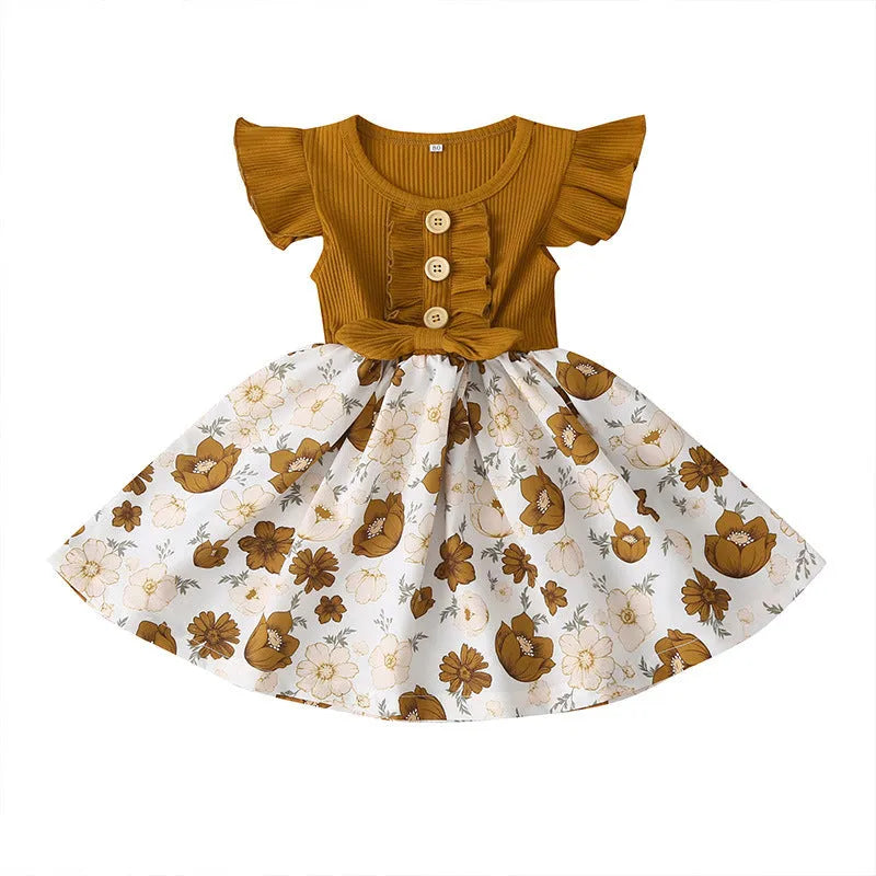 Toddler girl in sleeveless summer dress showing colour options and Asian sizing from 80cm to 120cm