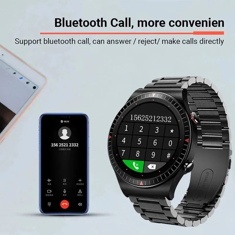 Black smart watch with circular touch screen on a silicone strap showing call and health tracking interface