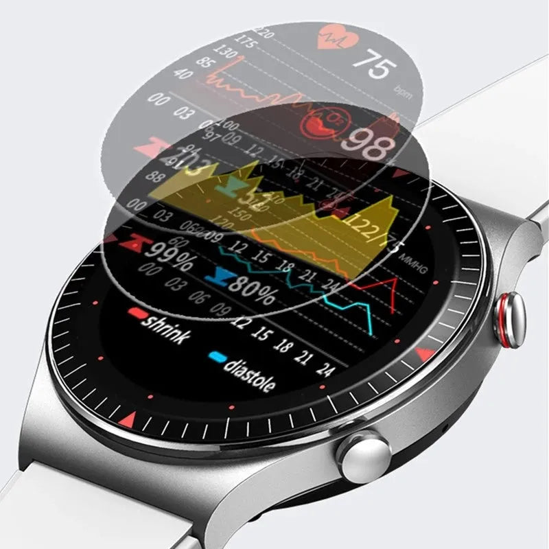Black smart watch with circular touch screen on a silicone strap showing call and health tracking interface