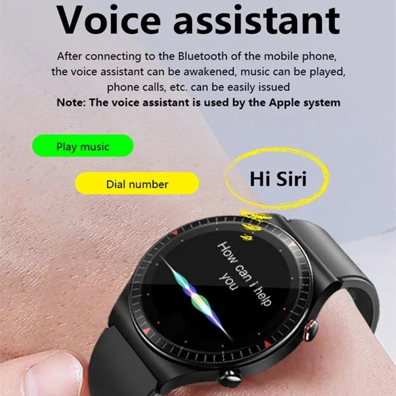 Black smart watch with circular touch screen on a silicone strap showing call and health tracking interface
