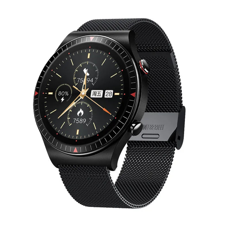 Black smart watch with circular touch screen on a silicone strap showing call and health tracking interface