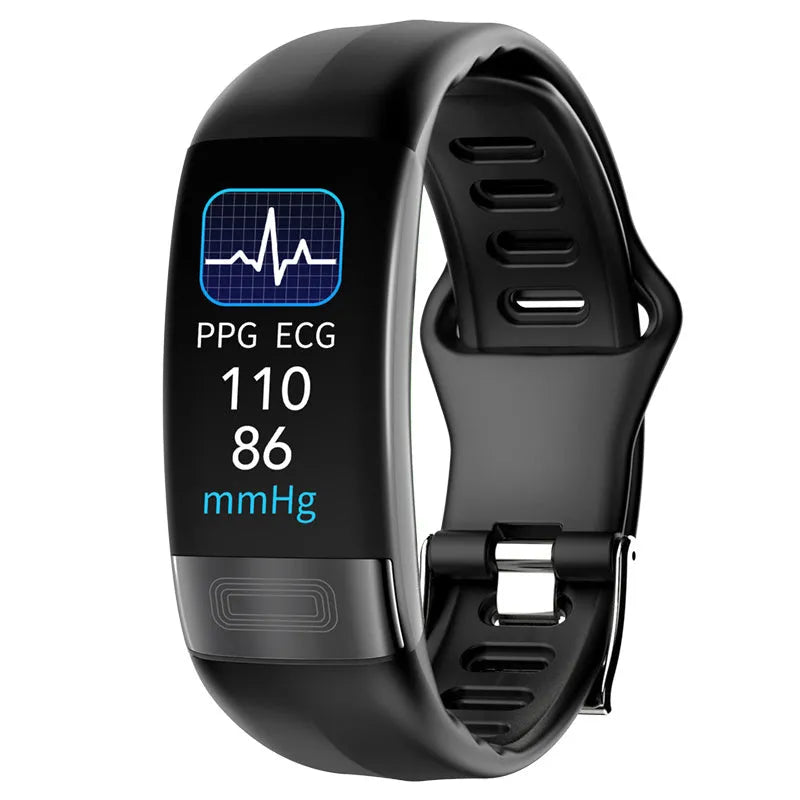 Black smart health bracelet with touch screen displaying heart rate and ECG graph on a wrist.