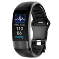 Black smart health bracelet with touch screen displaying heart rate and ECG graph on a wrist.