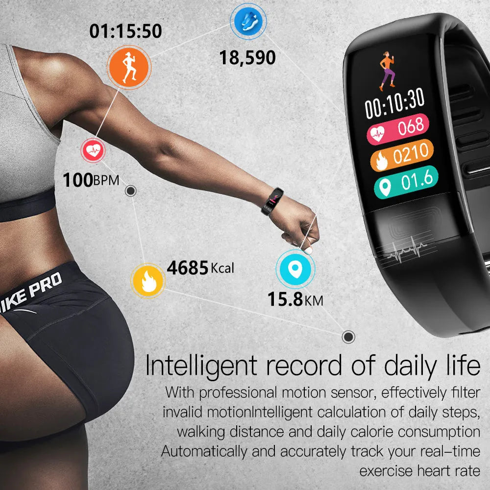 Black smart health bracelet with touch screen displaying heart rate and ECG graph on a wrist.